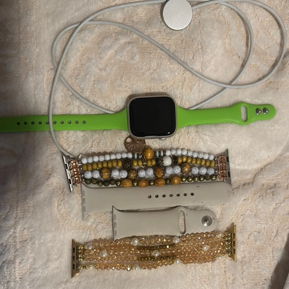 Apple Watch 8 with Lime Green Silicone and Neutral Beaded Bands